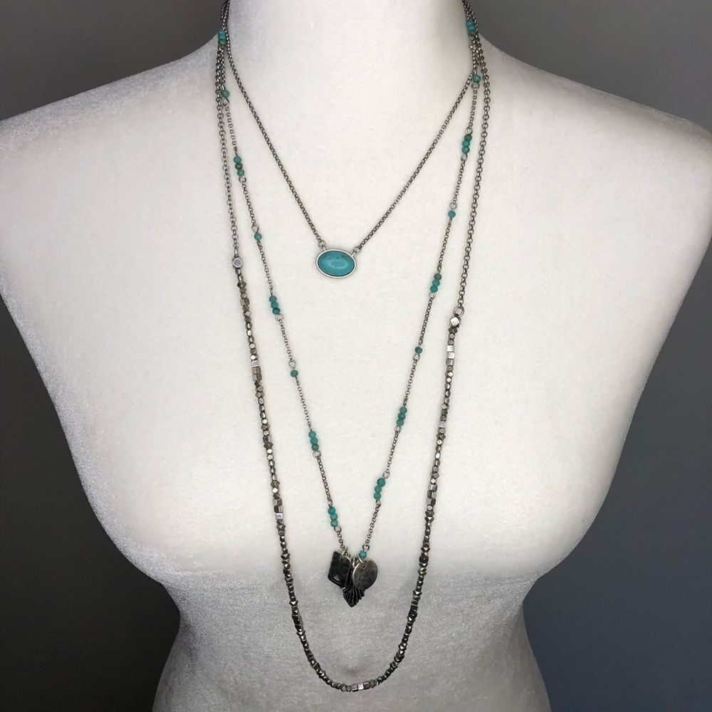 3 Strand Silver Tone w/ Blue Cabochon and Shell